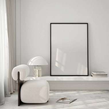 Çerçeve modeli, ISO. Kağıt boyutunda. Oturma odasının poster modeli. Evin arka planına sahip iç modeller. Modern iç tasarım. 3 Boyutlu Hazırlama