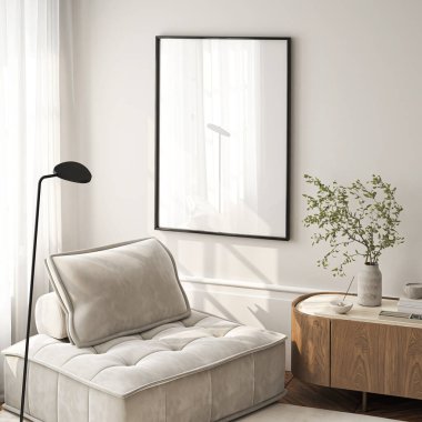 Çerçeve modeli, ISO. Kağıt boyutunda. Oturma odasının poster modeli. Evin arka planına sahip iç modeller. Modern iç tasarım. 3 Boyutlu Hazırlama
