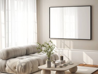 Çerçeve modeli, ISO. Kağıt boyutunda. Oturma odasının poster modeli. Evin arka planına sahip iç modeller. Modern iç tasarım. 3 Boyutlu Hazırlama