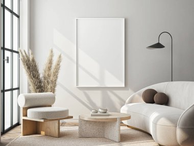 Çerçeve modeli, ISO. Kağıt boyutunda. Oturma odasının poster modeli. Evin arka planına sahip iç modeller. Modern iç tasarım. 3 Boyutlu Hazırlama