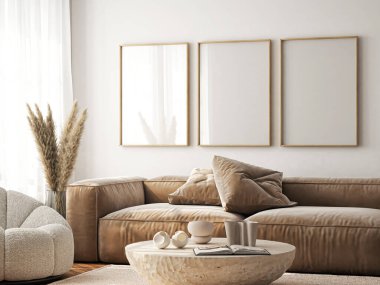 Çerçeve modeli, ISO. Kağıt boyutunda. Oturma odasının poster modeli. Evin arka planına sahip iç modeller. Modern iç tasarım. 3 Boyutlu Hazırlama