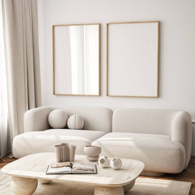 Çerçeve modeli, ISO. Kağıt boyutunda. Oturma odasının poster modeli. Evin arka planına sahip iç modeller. Modern iç tasarım. 3 Boyutlu Hazırlama