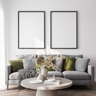 Çerçeve modeli, ISO. Kağıt boyutunda. Oturma odasının poster modeli. Evin arka planına sahip iç modeller. Modern iç tasarım. 3 Boyutlu Hazırlama