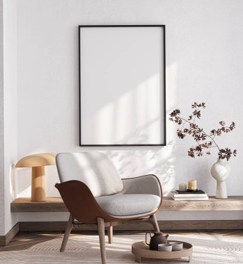 Çerçeve modeli, ISO. Kağıt boyutunda. Oturma odasının poster modeli. Evin arka planına sahip iç modeller. Modern iç tasarım. 3 Boyutlu Hazırlama