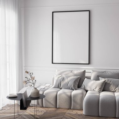 Çerçeve modeli, ISO. Kağıt boyutunda. Oturma odasının poster modeli. Evin arka planına sahip iç modeller. Modern iç tasarım. 3 Boyutlu Hazırlama