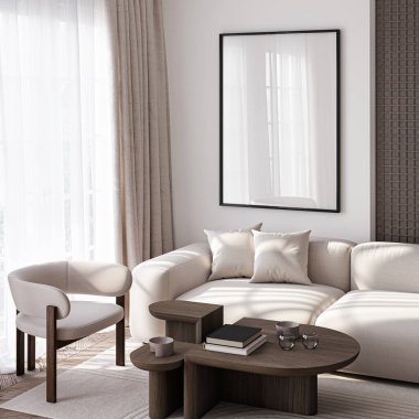 Çerçeve modeli, ISO. Kağıt boyutunda. Oturma odasının poster modeli. Evin arka planına sahip iç modeller. Modern iç tasarım. 3 Boyutlu Hazırlama