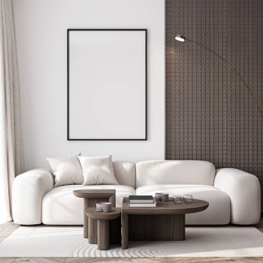 Çerçeve modeli, ISO. Kağıt boyutunda. Oturma odasının poster modeli. Evin arka planına sahip iç modeller. Modern iç tasarım. 3 Boyutlu Hazırlama