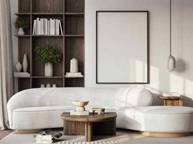 Çerçeve modeli, ISO. Kağıt boyutunda. Oturma odasının poster modeli. Evin arka planına sahip iç modeller. Modern iç tasarım. 3 Boyutlu Hazırlama