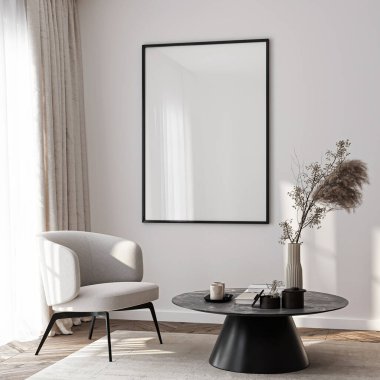 Çerçeve modeli, ISO. Kağıt boyutunda. Oturma odasının poster modeli. Evin arka planına sahip iç modeller. Modern iç tasarım. 3 Boyutlu Hazırlama