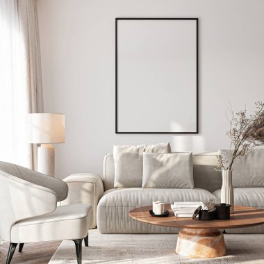 Çerçeve modeli, ISO. Kağıt boyutunda. Oturma odasının poster modeli. Evin arka planına sahip iç modeller. Modern iç tasarım. 3 Boyutlu Hazırlama