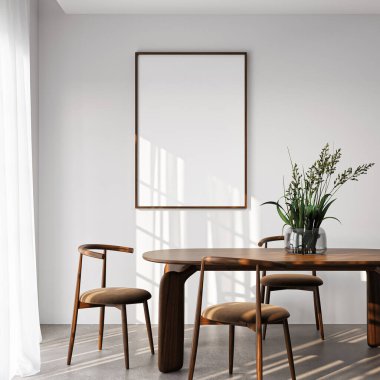 Çerçeve modeli, ISO. Kağıt boyutunda. Oturma odasının poster modeli. Evin arka planına sahip iç modeller. Modern iç tasarım. 3 Boyutlu Hazırlama