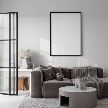 Çerçeve modeli, ISO. Kağıt boyutunda. Oturma odasının poster modeli. Evin arka planına sahip iç modeller. Modern iç tasarım. 3 Boyutlu Hazırlama