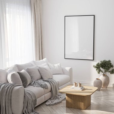 Çerçeve modeli, ISO. Kağıt boyutunda. Oturma odasının poster modeli. Evin arka planına sahip iç modeller. Modern iç tasarım. 3 Boyutlu Hazırlama