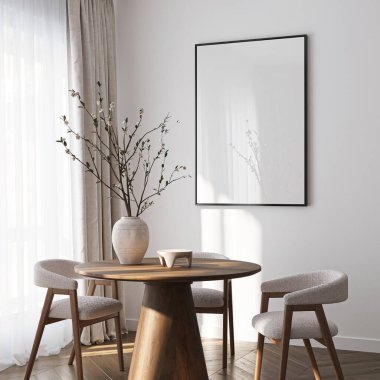 Çerçeve modeli, ISO. Kağıt boyutunda. Oturma odasının poster modeli. Evin arka planına sahip iç modeller. Modern iç tasarım. 3 Boyutlu Hazırlama