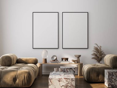 Çerçeve modeli, ISO. Kağıt boyutunda. Oturma odasının poster modeli. Evin arka planına sahip iç modeller. Modern iç tasarım. 3 Boyutlu Hazırlama