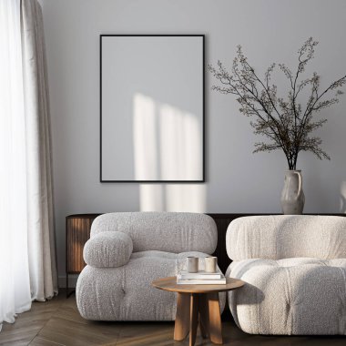 Çerçeve modeli, ISO. Kağıt boyutunda. Oturma odasının poster modeli. Evin arka planına sahip iç modeller. Modern iç tasarım. 3 Boyutlu Hazırlama