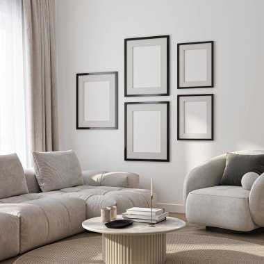 Çerçeve modeli, ISO. Kağıt boyutunda. Oturma odasının poster modeli. Evin arka planına sahip iç modeller. Modern iç tasarım. 3 Boyutlu Hazırlama