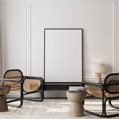 Çerçeve modeli, ISO. Kağıt boyutunda. Oturma odasının poster modeli. Evin arka planına sahip iç modeller. Modern iç tasarım. 3 Boyutlu Hazırlama