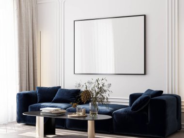 Çerçeve modeli, ISO. Kağıt boyutunda. Oturma odasının poster modeli. Evin arka planına sahip iç modeller. Modern iç tasarım. 3 Boyutlu Hazırlama
