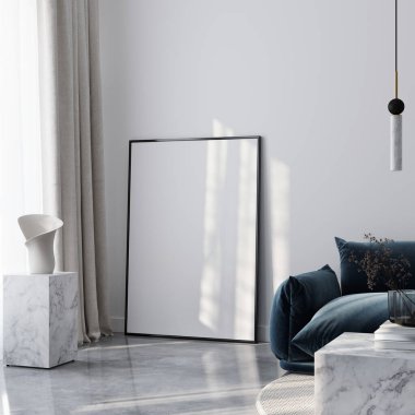 Çerçeve modeli, ISO. Kağıt boyutunda. Oturma odasının poster modeli. Evin arka planına sahip iç modeller. Modern iç tasarım. 3 Boyutlu Hazırlama