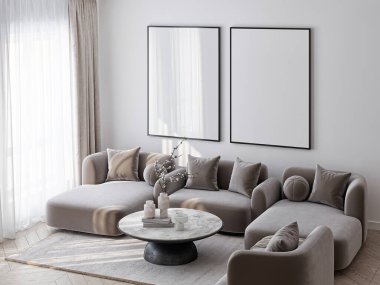 Çerçeve modeli, ISO. Kağıt boyutunda. Oturma odasının poster modeli. Evin arka planına sahip iç modeller. Modern iç tasarım. 3 Boyutlu Hazırlama