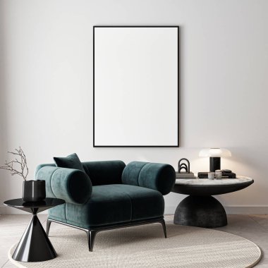 Çerçeve modeli, ISO. Kağıt boyutunda. Oturma odasının poster modeli. Evin arka planına sahip iç modeller. Modern iç tasarım. 3 Boyutlu Hazırlama