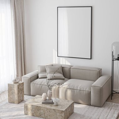 Çerçeve modeli, ISO. Kağıt boyutunda. Oturma odasının poster modeli. Evin arka planına sahip iç modeller. Modern iç tasarım. 3 Boyutlu Hazırlama