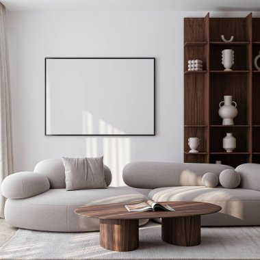 Çerçeve modeli, ISO. Kağıt boyutunda. Oturma odasının poster modeli. Evin arka planına sahip iç modeller. Modern iç tasarım. 3 Boyutlu Hazırlama