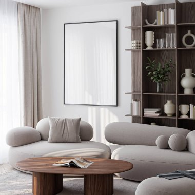 Çerçeve modeli, ISO. Kağıt boyutunda. Oturma odasının poster modeli. Evin arka planına sahip iç modeller. Modern iç tasarım. 3 Boyutlu Hazırlama