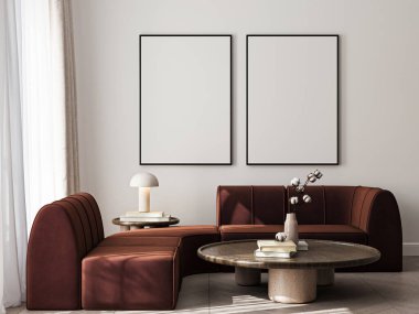 Çerçeve modeli, ISO. Kağıt boyutunda. Oturma odasının poster modeli. Evin arka planına sahip iç modeller. Modern iç tasarım. 3 Boyutlu Hazırlama