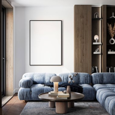 Çerçeve modeli, ISO. Kağıt boyutunda. Oturma odasının poster modeli. Evin arka planına sahip iç modeller. Modern iç tasarım. 3 Boyutlu Hazırlama