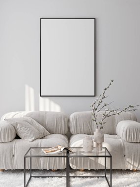 Çerçeve modeli, ISO. Kağıt boyutunda. Oturma odasının poster modeli. Evin arka planına sahip iç modeller. Modern iç tasarım. 3 Boyutlu Hazırlama