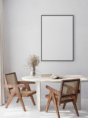 Çerçeve modeli, ISO. Kağıt boyutunda. Oturma odasının poster modeli. Evin arka planına sahip iç modeller. Modern iç tasarım. 3 Boyutlu Hazırlama