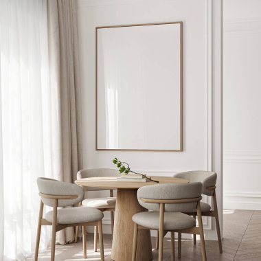 Çerçeve modeli, ISO. Kağıt boyutunda. Oturma odasının poster modeli. Evin arka planına sahip iç modeller. Modern iç tasarım. 3 Boyutlu Hazırlama