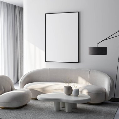 Çerçeve modeli, ISO. Kağıt boyutunda. Oturma odasının poster modeli. Evin arka planına sahip iç modeller. Modern iç tasarım. 3 Boyutlu Hazırlama