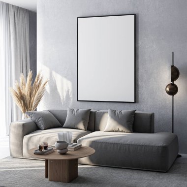 Çerçeve modeli, ISO. Kağıt boyutunda. Oturma odasının poster modeli. Evin arka planına sahip iç modeller. Modern iç tasarım. 3 Boyutlu Hazırlama