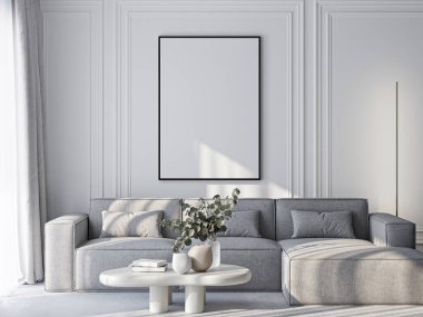 Çerçeve modeli, ISO. Kağıt boyutunda. Oturma odasının poster modeli. Evin arka planına sahip iç modeller. Modern iç tasarım. 3 Boyutlu Hazırlama