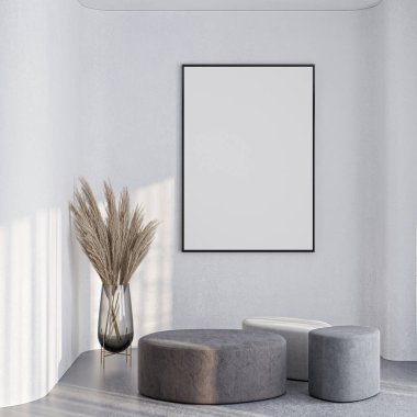 Çerçeve modeli, ISO. Kağıt boyutunda. Oturma odasının poster modeli. Evin arka planına sahip iç modeller. Modern iç tasarım. 3 Boyutlu Hazırlama