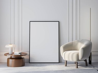 Çerçeve modeli, ISO. Kağıt boyutunda. Oturma odasının poster modeli. Evin arka planına sahip iç modeller. Modern iç tasarım. 3 Boyutlu Hazırlama