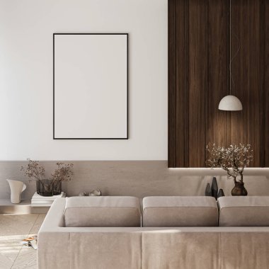 Çerçeve modeli, ISO. Kağıt boyutunda. Oturma odasının poster modeli. Evin arka planına sahip iç modeller. Modern iç tasarım. 3 Boyutlu Hazırlama