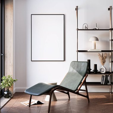 Çerçeve modeli, ISO. Kağıt boyutunda. Oturma odasının poster modeli. Evin arka planına sahip iç modeller. Modern iç tasarım. 3 Boyutlu Hazırlama