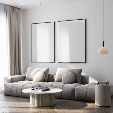 Çerçeve modeli, ISO. Kağıt boyutunda. Oturma odasının poster modeli. Evin arka planına sahip iç modeller. Modern iç tasarım. 3 Boyutlu Hazırlama