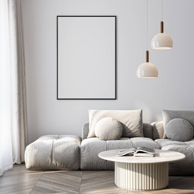 Çerçeve modeli, ISO. Kağıt boyutunda. Oturma odasının poster modeli. Evin arka planına sahip iç modeller. Modern iç tasarım. 3 Boyutlu Hazırlama