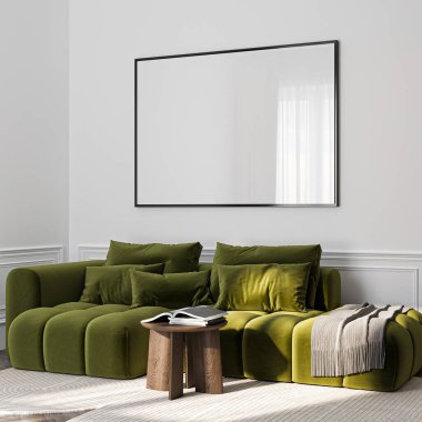 Çerçeve modeli, ISO. Kağıt boyutunda. Oturma odasının poster modeli. Evin arka planına sahip iç modeller. Modern iç tasarım. 3 Boyutlu Hazırlama