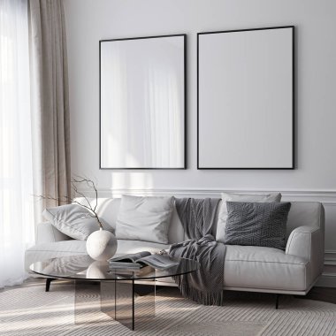 Çerçeve modeli, ISO. Kağıt boyutunda. Oturma odasının poster modeli. Evin arka planına sahip iç modeller. Modern iç tasarım. 3 Boyutlu Hazırlama