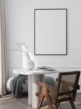 Çerçeve modeli, ISO. Kağıt boyutunda. Oturma odasının poster modeli. Evin arka planına sahip iç modeller. Modern iç tasarım. 3 Boyutlu Hazırlama