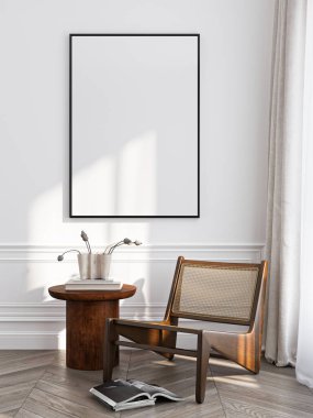 Çerçeve modeli, ISO. Kağıt boyutunda. Oturma odasının poster modeli. Evin arka planına sahip iç modeller. Modern iç tasarım. 3 Boyutlu Hazırlama