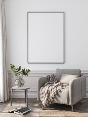 Çerçeve modeli, ISO. Kağıt boyutunda. Oturma odasının poster modeli. Evin arka planına sahip iç modeller. Modern iç tasarım. 3 Boyutlu Hazırlama