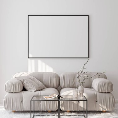Çerçeve modeli, ISO. Kağıt boyutunda. Oturma odasının poster modeli. Evin arka planına sahip iç modeller. Modern iç tasarım. 3 Boyutlu Hazırlama