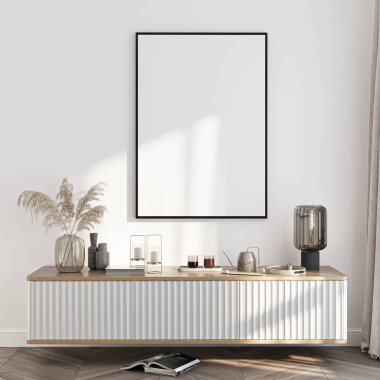 Çerçeve modeli, ISO. Kağıt boyutunda. Oturma odasının poster modeli. Evin arka planına sahip iç modeller. Modern iç tasarım. 3 Boyutlu Hazırlama